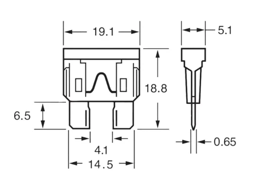Bezpieczniki samochodowe 5-30A UNI zestaw 10szt. wymiary