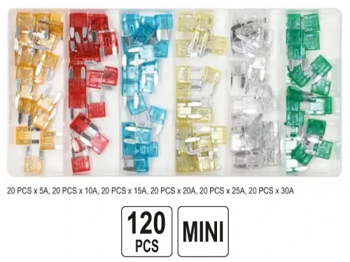 Zestaw bezpieczników samochodowych Mini 120 sztuk YATO zawartość opakowania