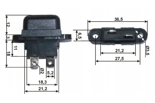 Gniazdo bezpiecznika samochodowego UNI z przykrywką i otworami montażowymi wymiary