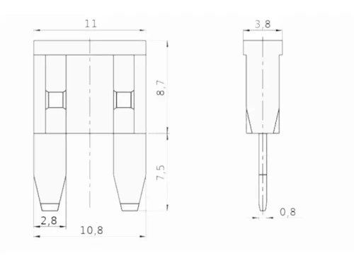 Wymiary bezpieczników samochodowych mini 35A 100szt.