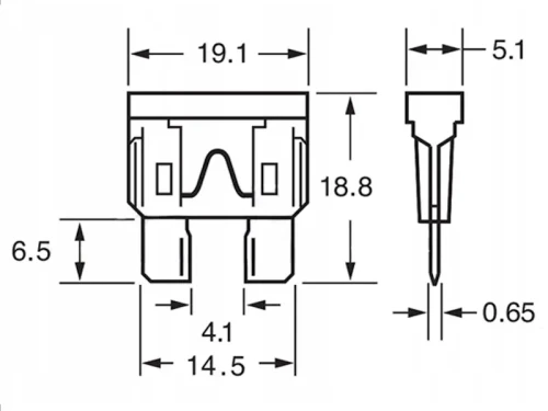 Wymiary bezpieczników samochodowych UNI 30A 50szt.