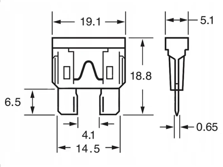 Wymiary bezpieczników samochodowych UNI 30A 50szt.
