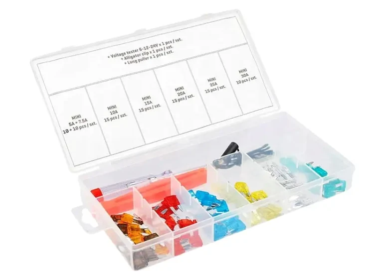 Zestaw bezpieczników samochodowych mini z probówką i chwytakiem zestaw 92 szt.