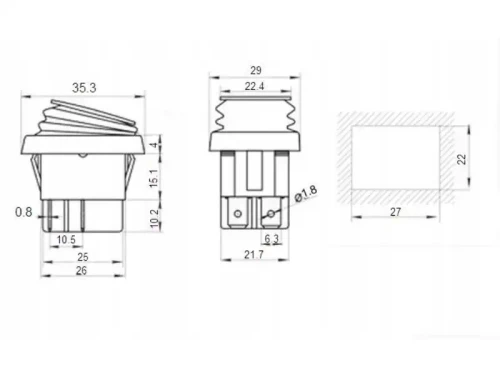 Przełącznik 12V 20A podświetlany czerwony srebrny klawisz - wymiary