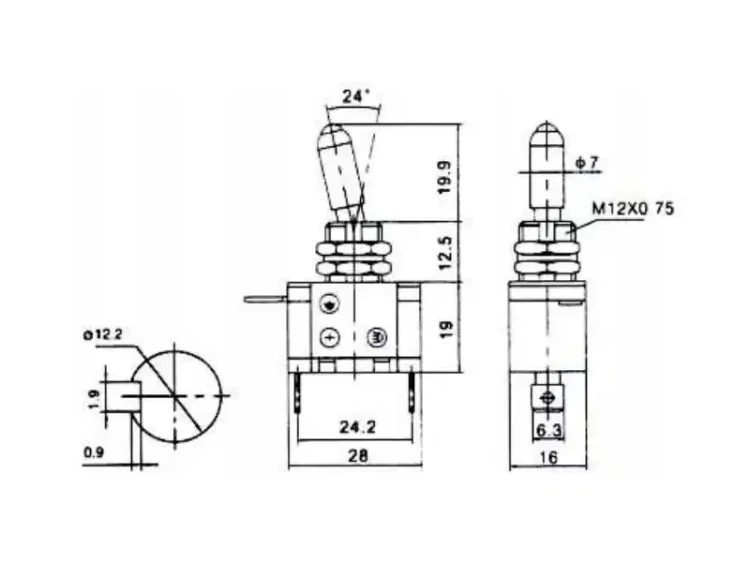 Przełącznik dźwigniowy TOP-GUN 12V 25A pomarańczowy - wymiary