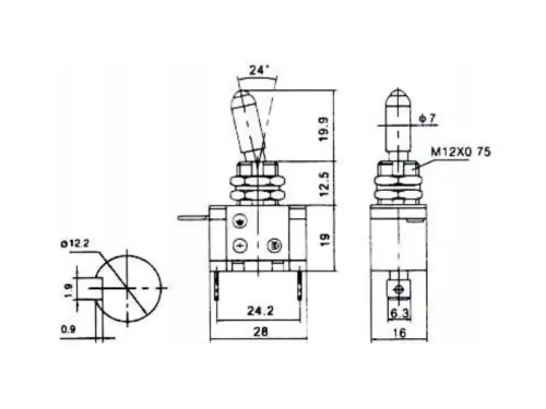 Przełącznik dźwigniowy TOP-GUN 12V 25A zielony - wymiary