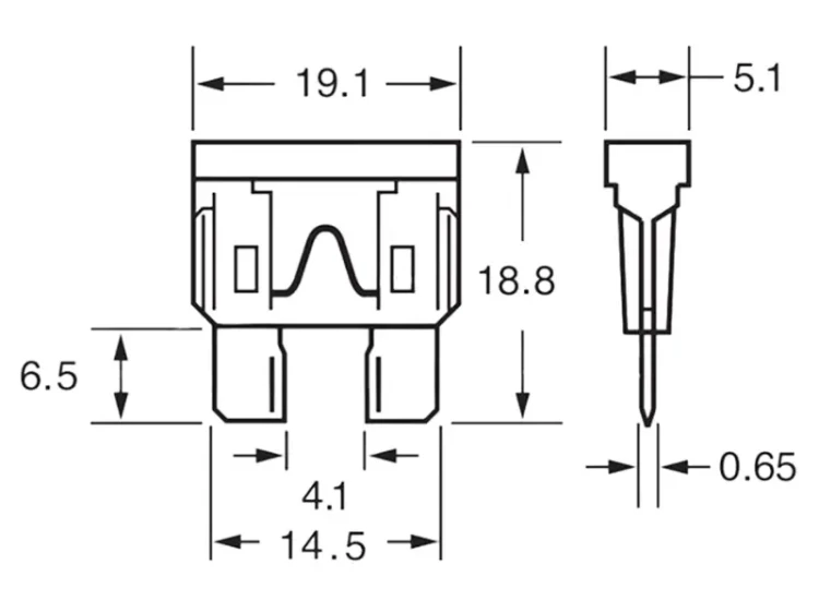 Wymiary bezpiecznika samochodowego UNI 20A 1szt.