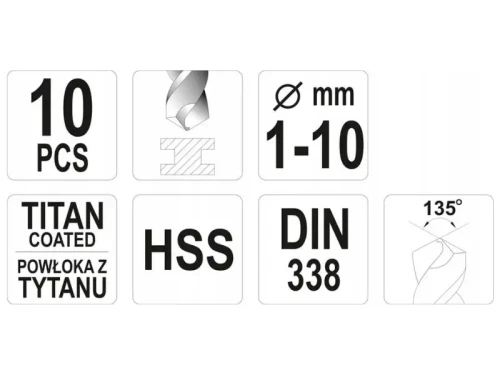 Wiertła do metalu - zestaw 10 sztuk 1-10mm YATO specyfikacja