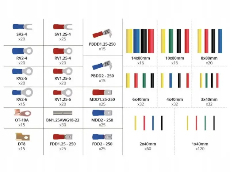 Konektory elektryczne i rurki termokurczliwe 678 sztuk - wymiary